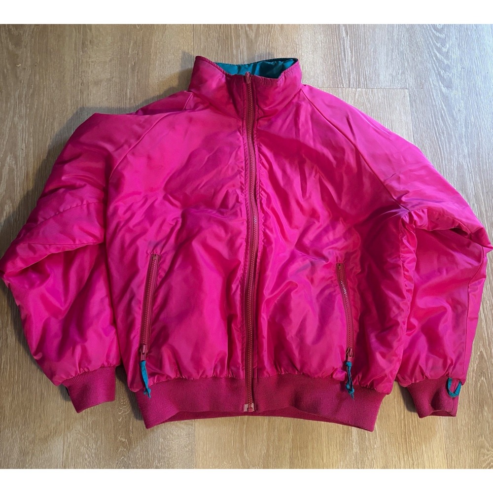 Vintage 80s 90s Women's Reversible Bomber Jacket Full Zip Pockets Pink Teal M